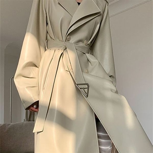 women's jackets lautaro spring autumn long faux leather trench coat for women belt double breasted luxury elegant fashion 220926, Black;brown